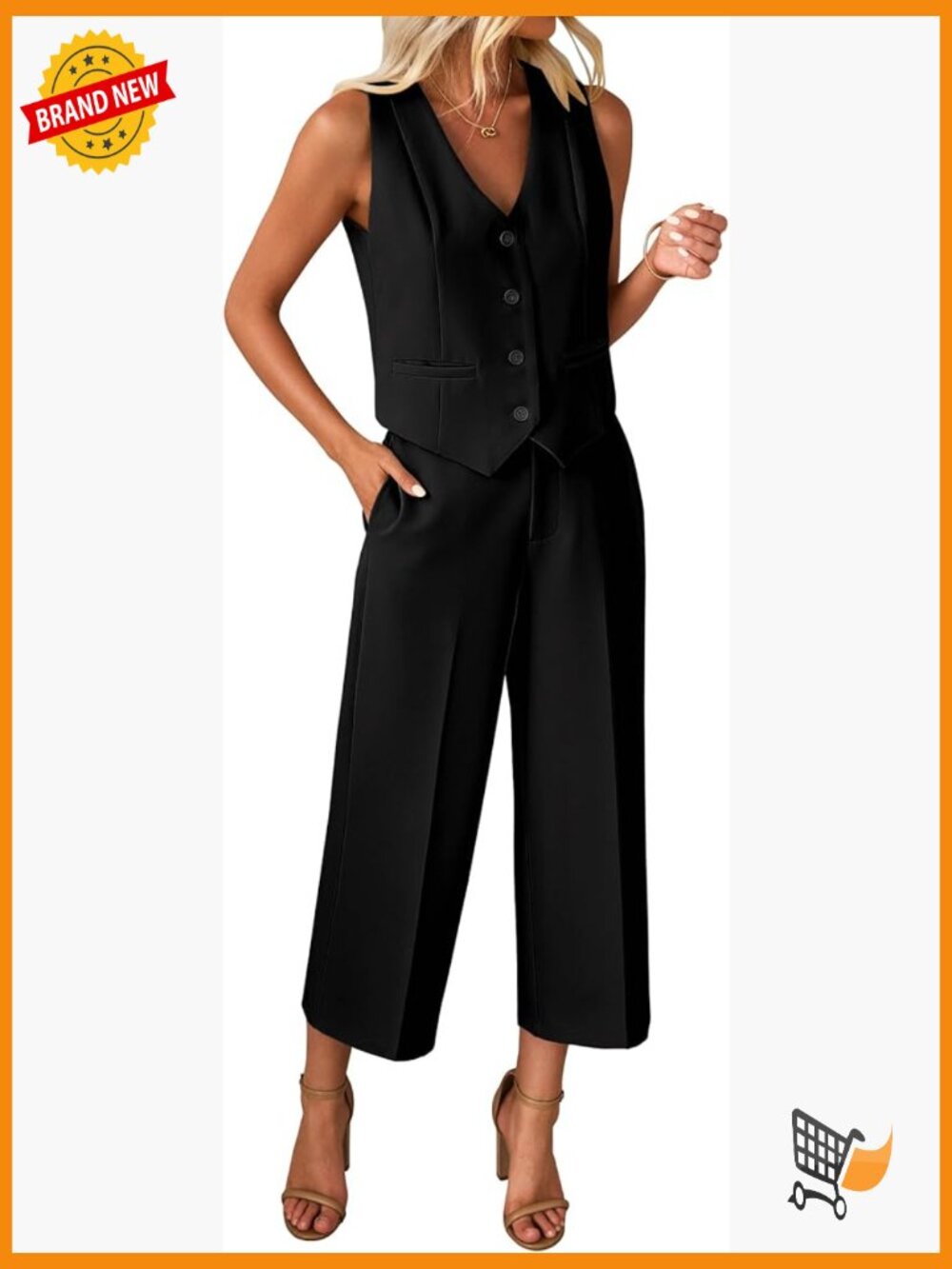 Vest and Wide Leg Capri Pantsuit Set Dressy Casual Work Outfit 2 Piece